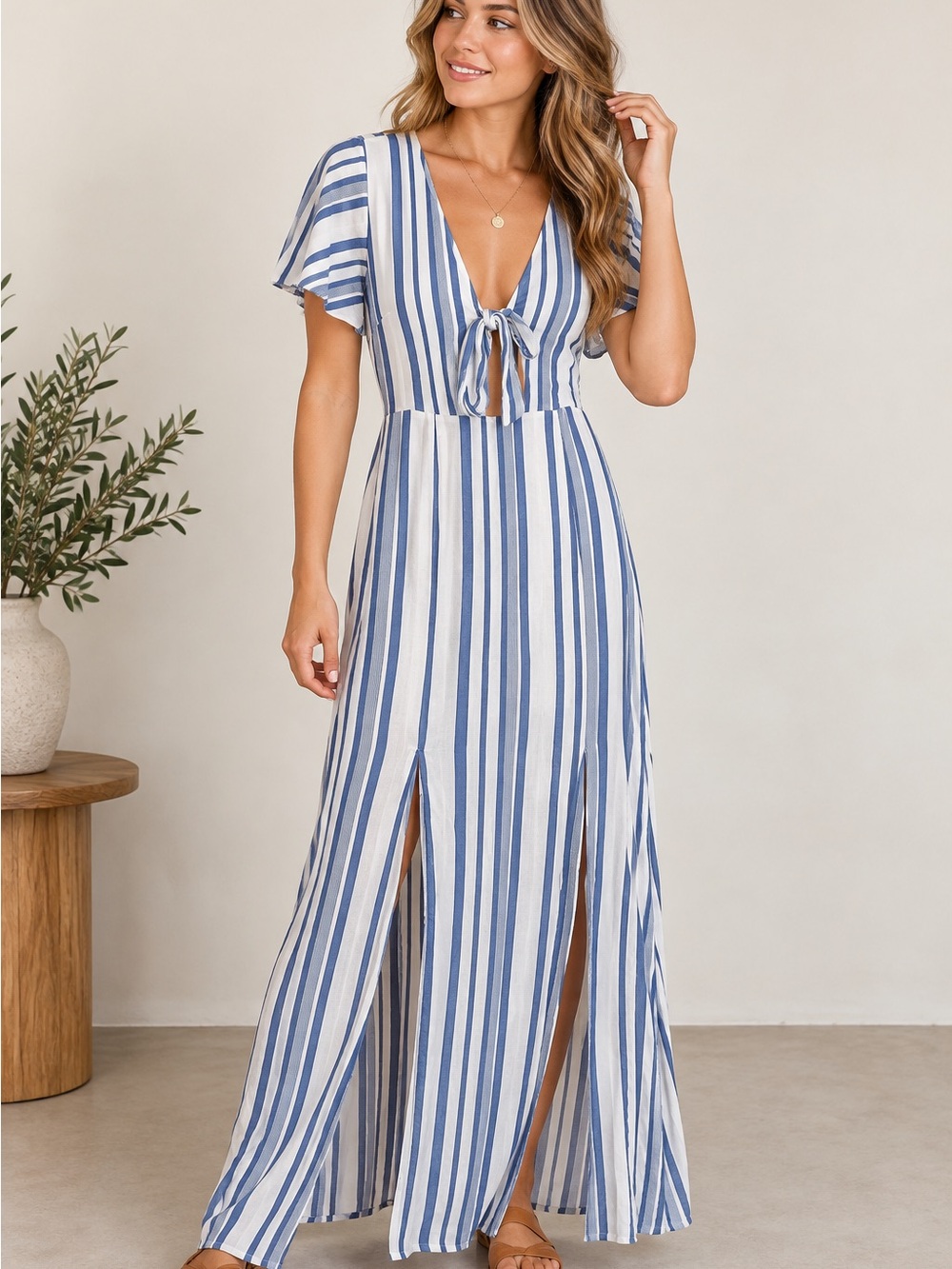 Lost + Wander Blue White Striped Tie Front Maxi Dress Medium